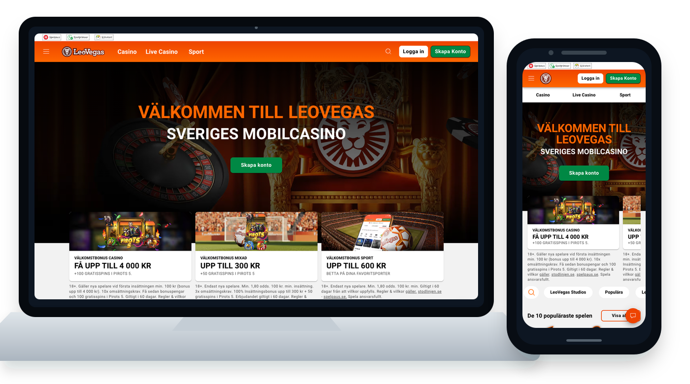 LeoVegas startsida visad på dator och mobil.