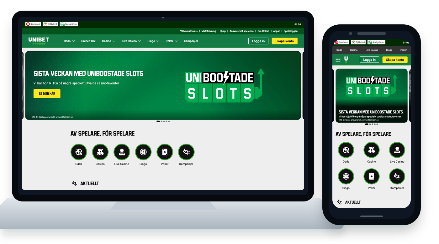 Unibet startsida visad på dator och mobil.